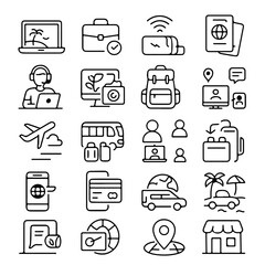A collection of modern travel icons, showcasing essential elements for journeys and exploration. A comprehensive set of travel-related graphics, providing a cohesive visual language.