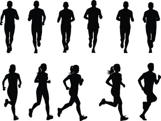 Dynamic Runners Silhouettes Collection Vector: Diverse Men and Women Jogging, Representing Fitness, Health, Marathon Training, and Active Lifestyle Sports