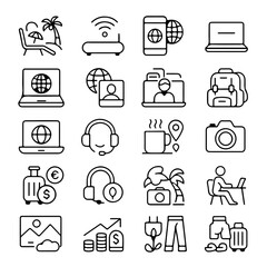 An array of detailed travel and technology line icons against a simple canvas, offering a glimpse into modern lifestyle.