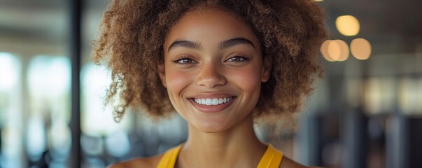 Cheerful girl smiling in the gym, feeling fresh after exercise, Generative AI