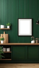 Stylish Green Kitchen Decor Display Featuring Wooden Wall, Brown Countertop, and Minimal Objects