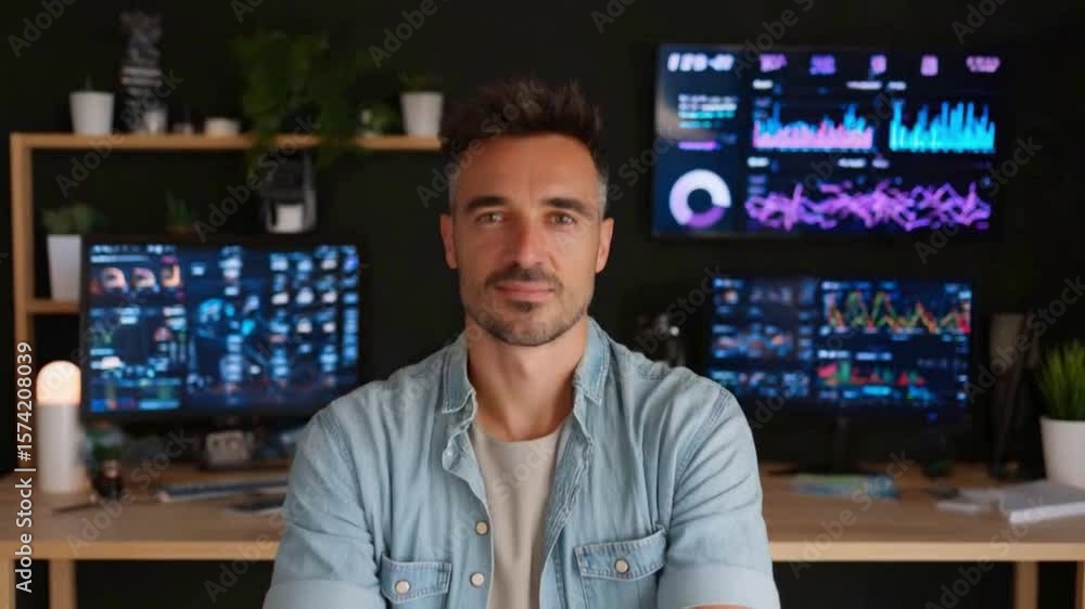 Poster confident man surrounded by tech: a focused man with a confident gaze poses in front of an array of 