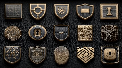 Cyber ​​security badge icon with shield, lock and fingerprint elements, in a smooth metal texture design, compatible with dark mode,