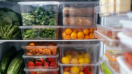 Organized refrigerator interior featuring labeled containers and fresh ingredients neatly arranged on clean shelves, symbolizing smart food storage, meal planning,modern kitchen hygiene safety concept