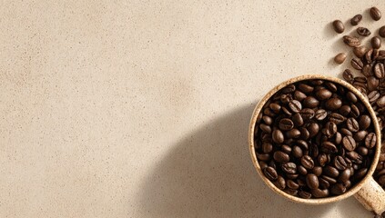 Coffee beans filled cup on light beige background with copy space for text, ideal for web banners advertising fresh coffee promotions and packaging designs.