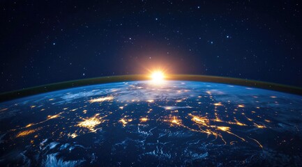 Earth from space, sunrise over lights