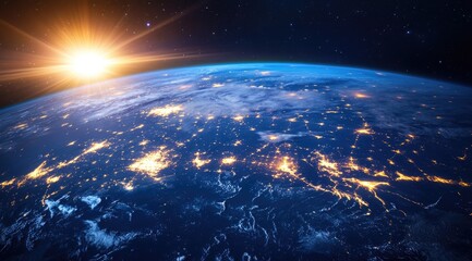 Earth at dawn, city lights