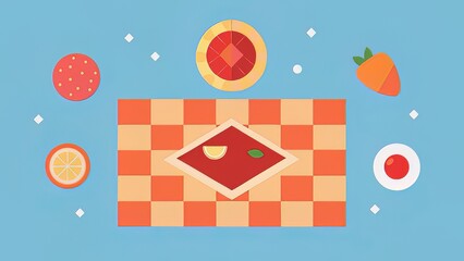 Outdoor Picnic Scene with Checked Blanket and Food