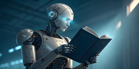 A robot intently reads a book with glowing blue eyes