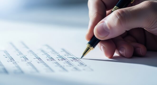 Professional hand executing signature on official document using elegant fountain pen for formal
