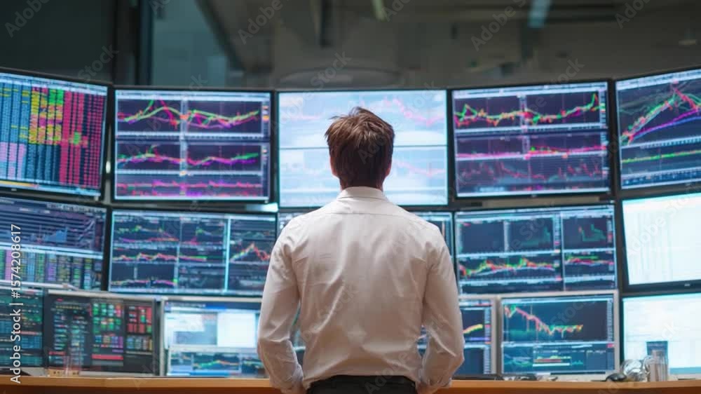 Poster financial analyst's vantage point: a financial analyst is meticulously scrutinizing a multitude of c