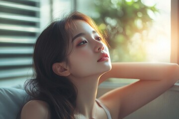 Heat wave in summertime concept, woman feeling the heat wave at home, Generative AI