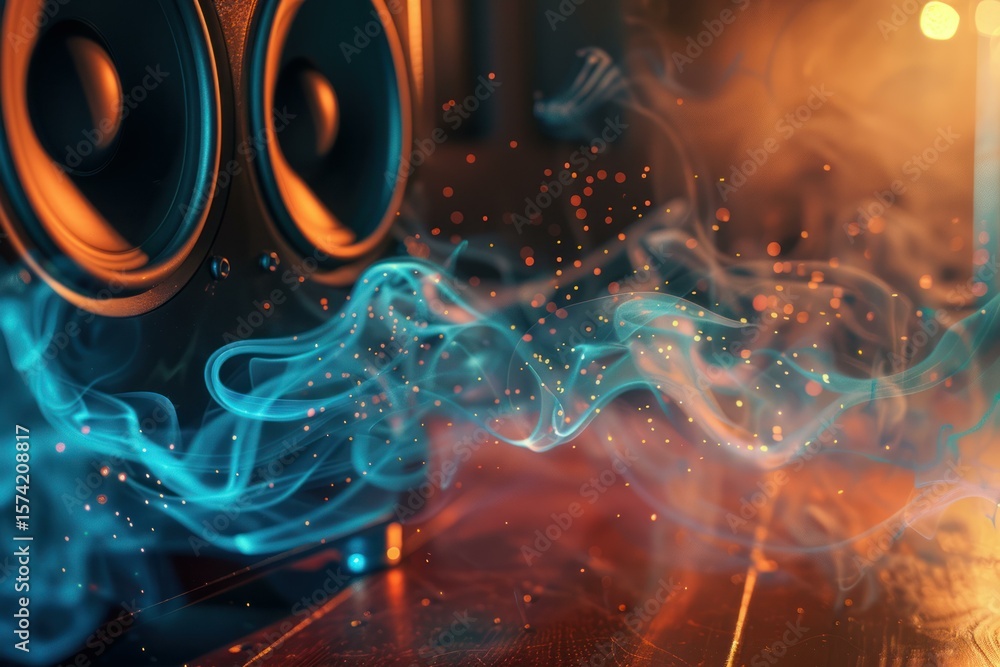 Poster sound waves flowing from a speaker with bokeh effect and warm colors, music and sound concept