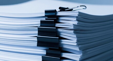 Stacked documents secured with multiple black binder clips close-up view representing bureaucracy