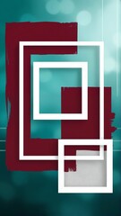 A modern geometric abstract artwork with 3D squares and frames in burgundy, white, and grey on a teal-to-blue gradient bokeh background, featuring glowing lines and soft shadows for a clean, digital-t