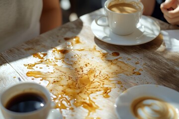 Clothes stain dirty from food concept, people getting coffee spill from glass on their t-shirt, Generative AI