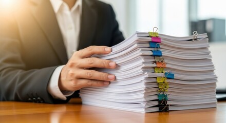 Handling a substantial pile of administrative paperwork secured with diverse colored clips