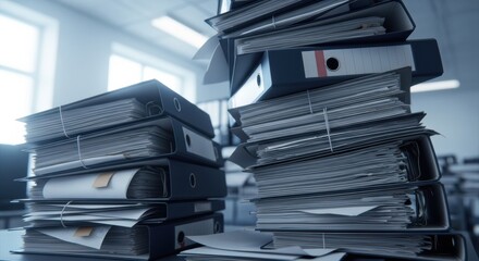 Extensive record keeping shown by numerous stacks of documents and files