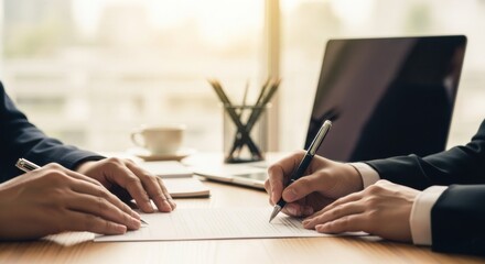 Professional Hands Signing Contract Paperwork on Office Desk with Laptop and Coffee