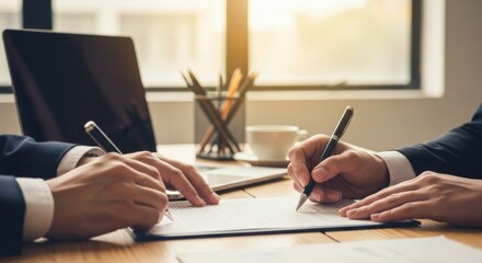 Corporate professionals affixing signatures upon official contractual paperwork