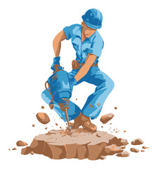 Energetic Construction Worker Using Jackhammer in Vector Cartoon Style
