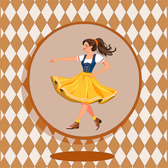 From the Oktoberfest series: a girl in a dirndl dances a folk dance against the backdrop of a traditional Bavarian pattern with brown diamonds.