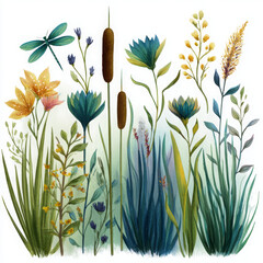 Watercolor dragonflies and cat tails shows serene beauty of nature