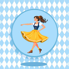 From the Oktoberfest series: a girl in a dirndl dances a folk dance against the background of a traditional Bavarian pattern with blue and white diamonds.