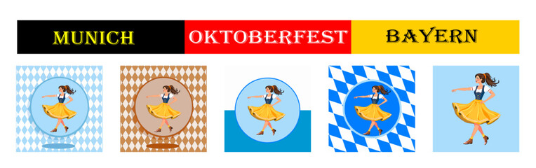 From the "oktoberfest" series, a set of girl in a dirndl dances a folk dance  with different variants of bavarian ornaments and backgrounds