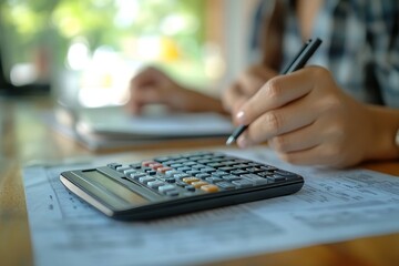 Financial concept in family, happy Asian husband and wife calculating income and bills to plan for investment, Generative AI