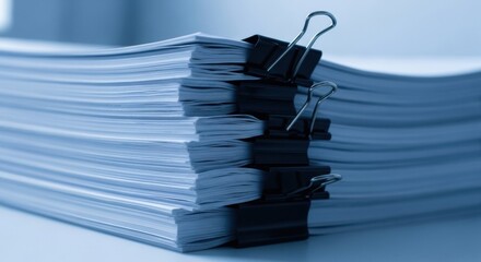 Organized stack of essential documents secured by multiple black binder clips on a desk surface
