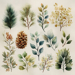 Elegant watercolor cedar branches, pinecones, bark are delightfully arranged
