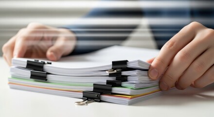Detailed View of Human Hands Sorting and Managing Stacked Papers for Business Operations