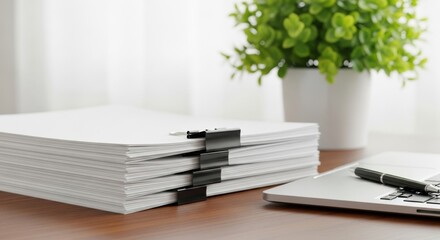 Structured paperwork management with clips beside modern technology and greenery on desk