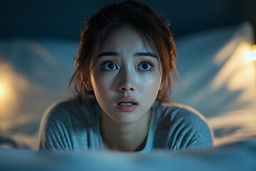 Asian woman with eyes wide open,  on the bed, having insomnia problems, Generative AI