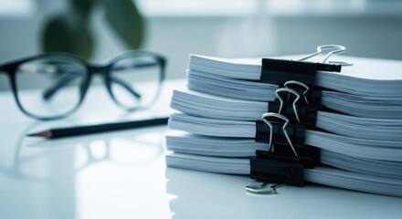 Organized paperwork stack office supplies for focused work on a bright desk surface