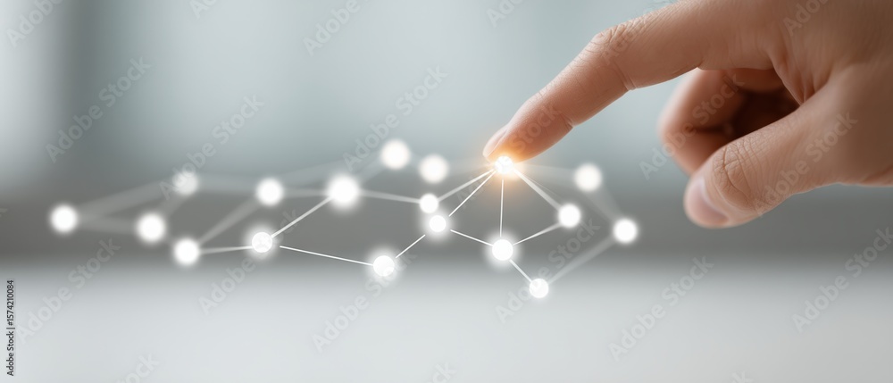 Poster connecting ideas through innovation a close-up of a finger tapping digital nodes in a futuristic env