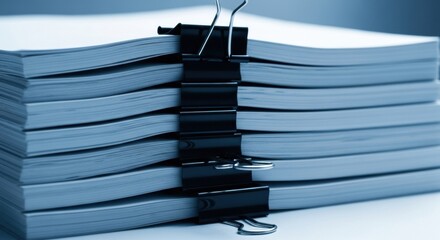 Organized stack of professional business paperwork held securely by binder clips for efficient