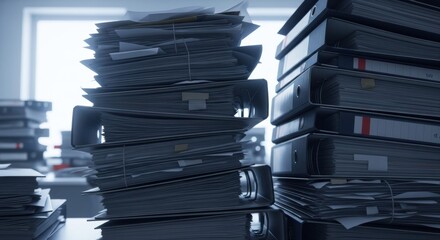 Overflowing office paperwork and binders symbolizing overwhelming administrative tasks and data
