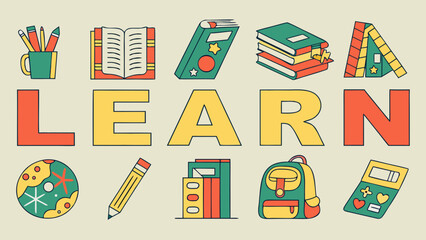 Learn word with school supplies and educational icons isolated on white background