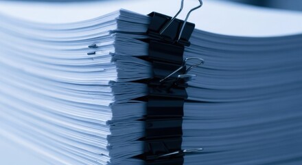 Close-up on a hefty stack of documents clasped by metal clips for organization