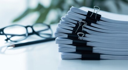 Close up view of a substantial stacked pile of office paper documents secured with binder clips