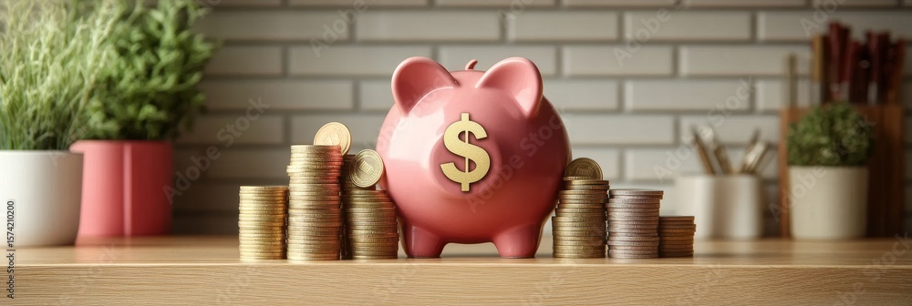 Poster modern finance concepts represented by a piggy bank safeguarding wealth with coins on table