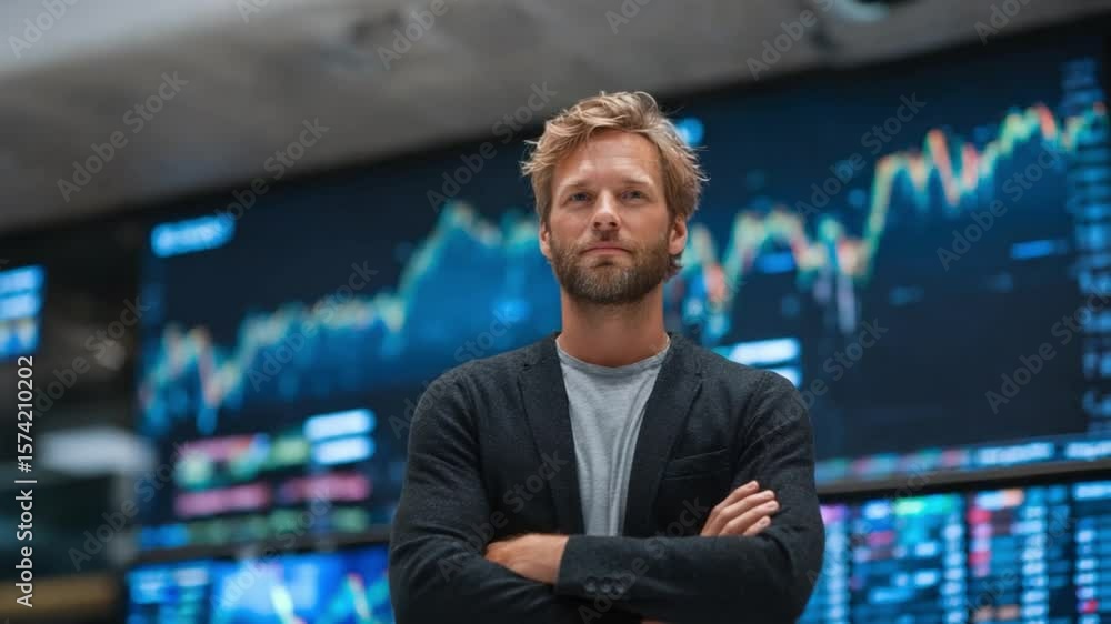 Aufkleber confident trader at work: a determined trader stands firm in a bustling trading floor. he radiates c