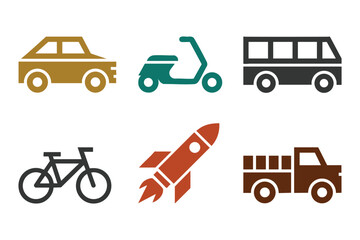 Transportation Icons: Car, Scooter, Bus, Bike, Rocket, Truck - Vector Graphics