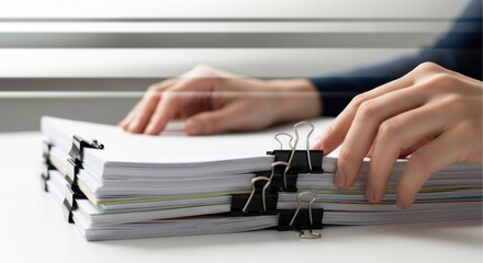 Professional handling confidential business documents securely fastened with metal binder clips on