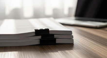 Stack of important documents secured by binder clips on wooden desktop with soft window light