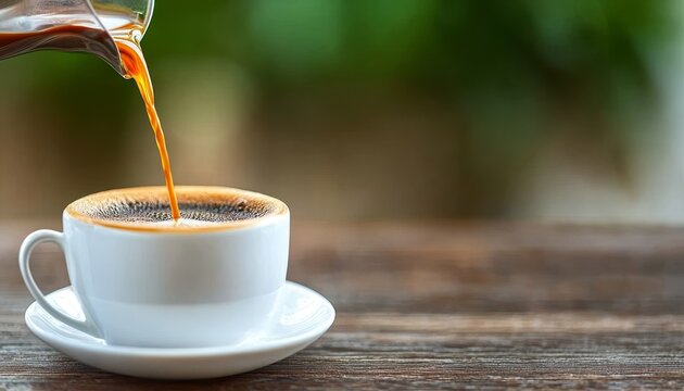 Pouring Aromatic Fresh Morning Coffee from a Pot into a White Cup and Saucer, Close Up View