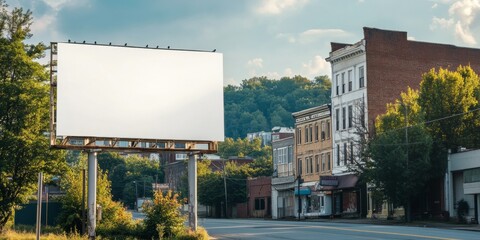 Empty billboard on quiet street in small town with historic buildings