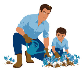 Father and Son Gardening Together with Blue Flowers in Cartoon Style